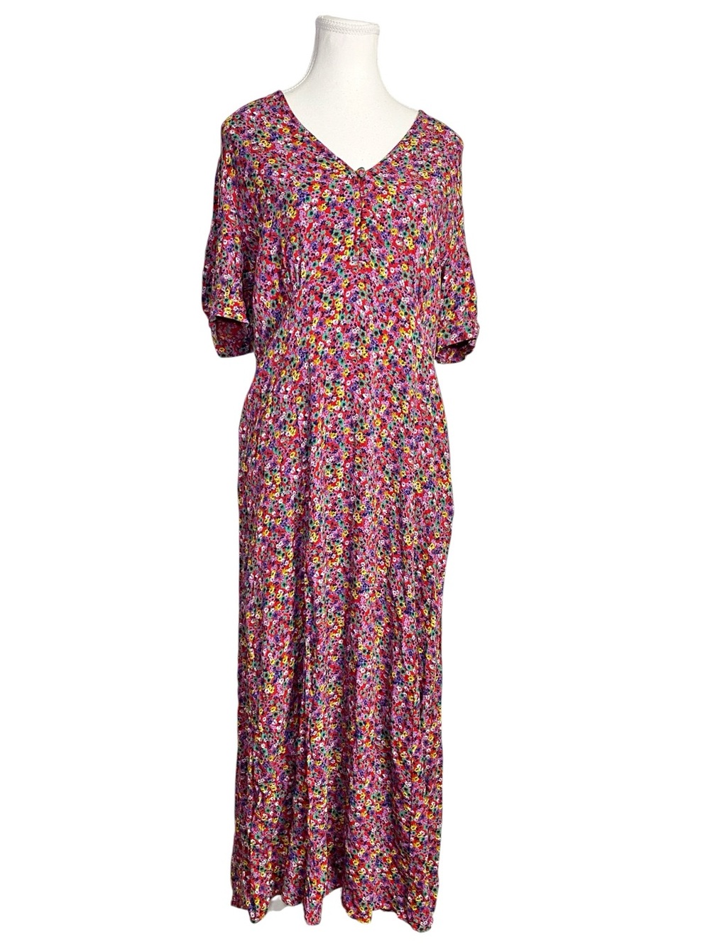 M&S x GHOST Red Ditsy Floral V-Neck Midi Tea Dress US 12 / UK 16